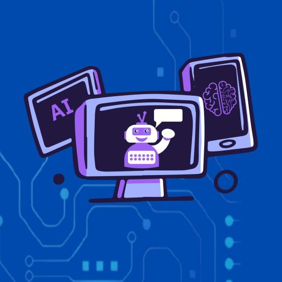 Grafisk illustration af computer, tablet og telefon der på hver sin skræm viser hhv, en robot, teksten AI og omridset af en hjerne.